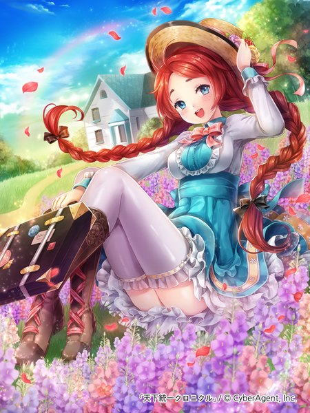 Anime picture 600x800 with tenkuu no crystalia kempin long hair tall image blush open mouth blue eyes red hair braid (braids) girl thighhighs dress flower (flowers) bow hair bow hat petals white thighhighs boots straw hat
