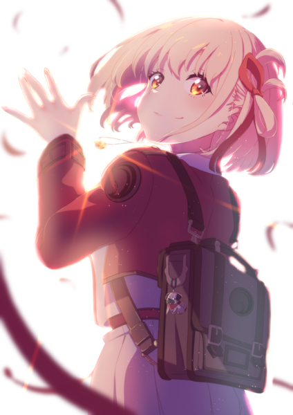 Anime picture 2894x4093 with lycoris recoil nishikigi chisato kuma (pixiv id14992749) single tall image looking at viewer highres short hair blonde hair smile standing yellow eyes long sleeves looking back arm up from behind sunlight floating hair happy bob cut