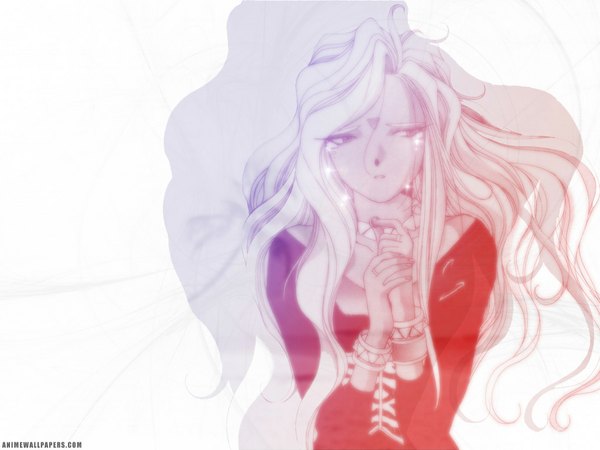 Anime picture 1024x768 with aa megami-sama anime international company urd single long hair simple background white background looking away upper body blurry inscription tears floating hair wavy hair crying hands clasped sad forehead mark girl dress