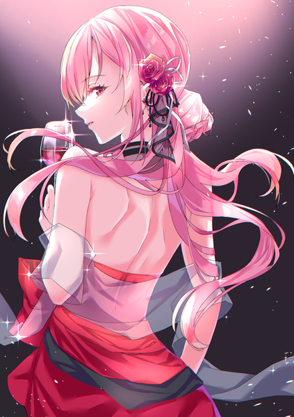 Anime picture 2490x3529 with virtual youtuber hololive hololive english mori calliope mori calliope (3rd costume) simio rou single long hair tall image looking at viewer fringe highres simple background hair between eyes standing pink hair looking back from behind sparkle hair bun (hair buns)
