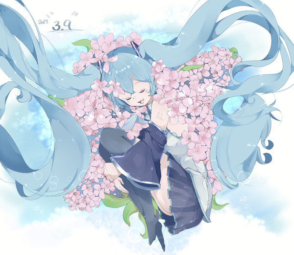 Anime picture 1736x1506 with vocaloid hatsune miku mimizuku (mmiganaru) single fringe highres open mouth smile twintails blue hair eyes closed very long hair pleated skirt dated leg hug girl thighhighs skirt flower (flowers) detached sleeves
