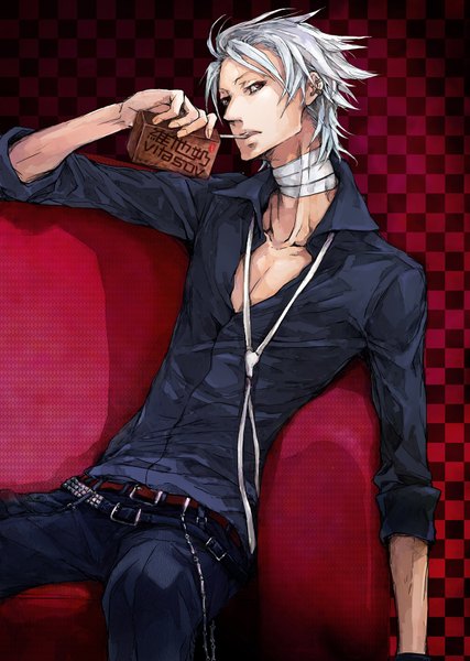 Anime picture 1240x1744 with dogs: bullets & carnage david production haine rammsteiner nekomika single tall image short hair open mouth red eyes sitting white hair piercing partially open clothes checkered background boy earrings belt bandage (bandages) juice box