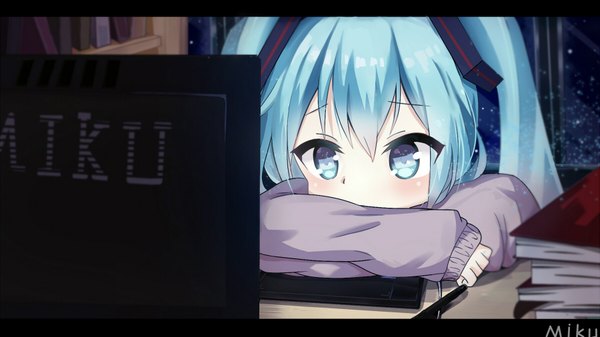 Anime picture 1800x1012 with vocaloid wacom hatsune miku lingyan heiye single long hair blush highres blue eyes wide image sitting twintails blue hair upper body indoors night depth of field character names text light