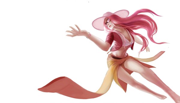 Anime picture 1254x717 with league of legends syndra aihane sumina single long hair simple background wide image white background looking away pink hair bare belly legs floating hair outstretched arm girl hat shorts bracelet short shorts sunglasses