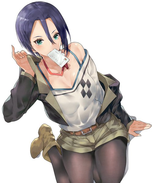 Anime picture 900x1086 with sakura quest midorikawa maki tokopi single tall image fringe short hair simple background hair between eyes white background sitting holding green eyes blue hair from above off shoulder mole arm support mole under eye mouth hold