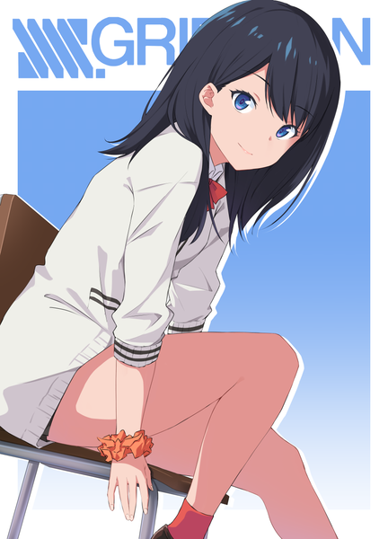 Anime picture 900x1250 with gridman universe ssss.gridman studio trigger takarada rikka ray-en single long hair tall image looking at viewer fringe blue eyes black hair simple background sitting bent knee (knees) light smile arm support leaning dutch angle leaning forward