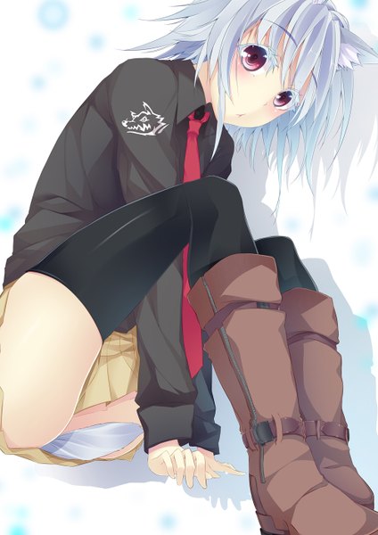 Anime picture 1000x1414 with aki ii single tall image short hair light erotic red eyes animal ears white hair animal tail girl thighhighs skirt black thighhighs miniskirt necktie boots