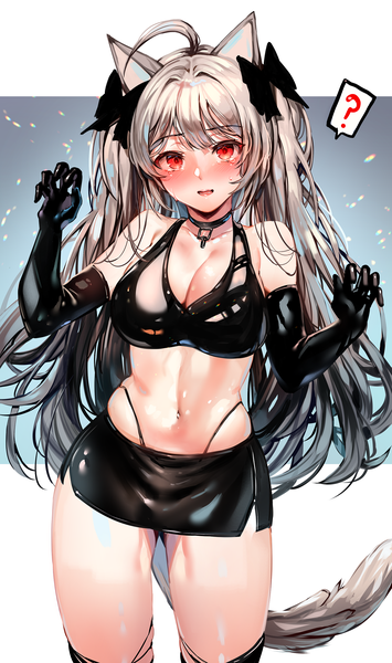 Anime picture 1500x2538 with original zerocat single long hair tall image looking at viewer blush fringe breasts open mouth light erotic red eyes large breasts twintails bare shoulders animal ears payot cleavage silver hair ahoge