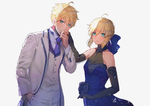 Anime picture 1500x1061 with fate (series) fate/grand order fate/stay night fate/extra fate/prototype fate/extella fate/extella link artoria pendragon (all) saber arthur pendragon (fate) hanato (seonoaiko) looking at viewer blush fringe short hair simple background blonde hair hair between eyes standing white background