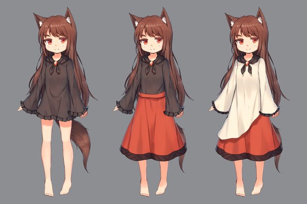 Anime picture 1280x853 with touhou imaizumi kagerou shone long hair fringe light erotic simple background smile red eyes brown hair standing animal ears looking away full body tail long sleeves animal tail barefoot grey background bare legs