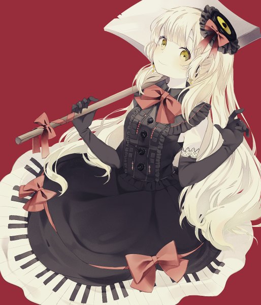 Anime picture 1200x1400 with vocaloid mayu (vocaloid) niwa (ejizon) single long hair tall image looking at viewer blush fringe blonde hair simple background smile yellow eyes blunt bangs from above sleeveless red background lolita fashion girl gloves