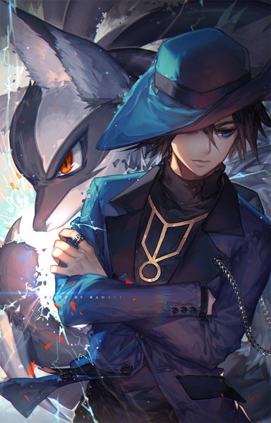 Anime picture 656x1024 with pokemon nintendo lucario gen (pokemon) kawacy tall image short hair black hair looking away head tilt lips crossed arms eyeshadow serious lightning gen 4 pokemon hat over eyes boy hat chain