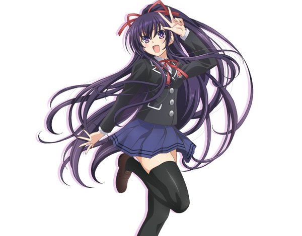 Anime picture 1500x1176 with date a live yatogami tooka tsunako single long hair blush open mouth simple background white background purple eyes purple hair official art zettai ryouiki girl thighhighs skirt uniform ribbon (ribbons) black thighhighs hair ribbon