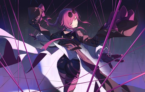 Anime picture 1890x1200 with honkai: star rail honkai (series) kafka (honkai: star rail) nian (zhanian) single long hair highres smile purple eyes purple hair ass ponytail looking back from above from behind spread arms sunglasses on head girl gloves pantyhose