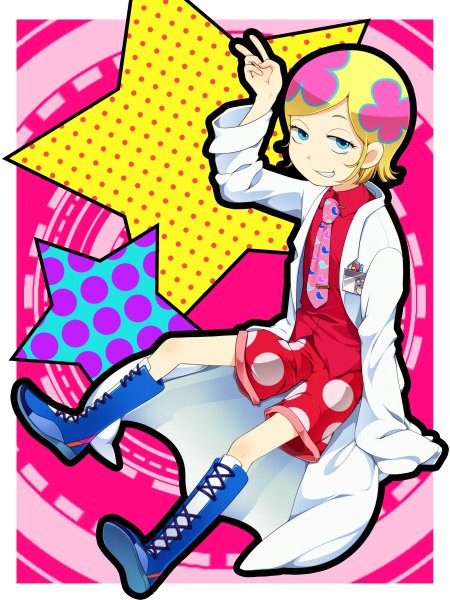 Anime picture 900x1200 with kuuchuu buranko toei animation irabu ichiro nohko tall image looking at viewer short hair blue eyes blonde hair smile long sleeves border victory polka dot necktie star (symbol) knee boots cross-laced footwear labcoat
