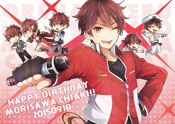 Anime picture 1000x707 with ensemble stars! morisawa chiaki tama (songe) short hair open mouth brown hair brown eyes profile one eye closed wink character names hand on hip outstretched arm dated chibi polka dot happy birthday polka dot background multiple persona boy