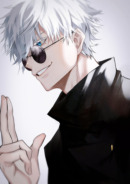 Anime picture 1434x2024 with jujutsu kaisen mappa gojou satoru asano (tomoli t) single tall image fringe blue eyes simple background smile hair between eyes looking away silver hair upper body parted lips profile gradient background boy sunglasses turtleneck