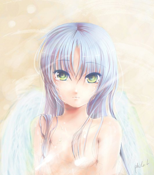 Anime picture 1000x1129 with angel beats! key (studio) tachibana kanade philomelalilium single long hair tall image looking at viewer light erotic green eyes signed blue hair nude girl wings