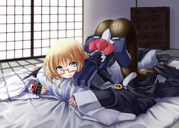 Anime picture 1920x1372 with kyoukai senjou no horizon adele balfetto kawajuu single looking at viewer highres short hair blue eyes light erotic blonde hair ass long sleeves arched back girl glasses pillow bodysuit room