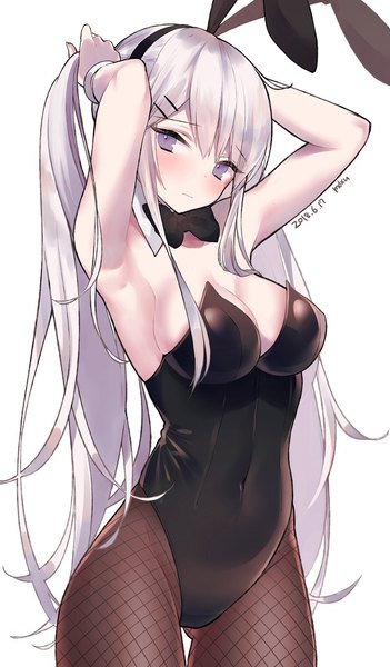 Anime picture 623x1065 with azur lane enterprise (azur lane) mimelond single long hair tall image looking at viewer blush fringe breasts light erotic simple background hair between eyes large breasts standing white background purple eyes signed animal ears cleavage