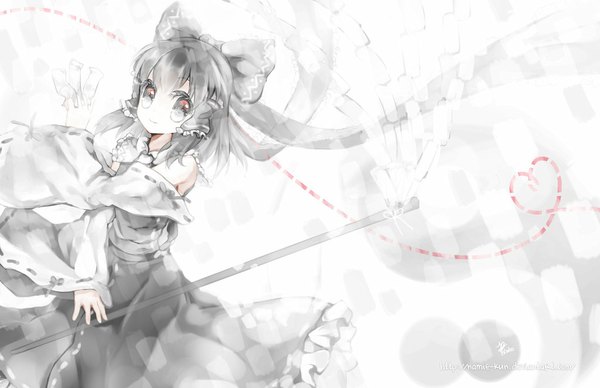 Anime picture 1024x663 with touhou hakurei reimu namie-kun smile traditional clothes inscription monochrome girl bow hair bow detached sleeves