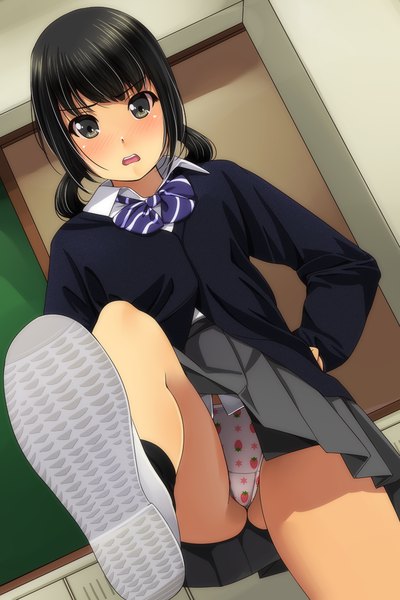 Anime picture 800x1200 with original matsunaga kouyou single long hair tall image looking at viewer blush fringe open mouth light erotic black hair standing twintails indoors pleated skirt black eyes legs low twintails standing on one leg soles