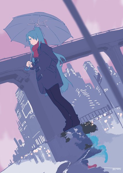 Anime picture 2549x3583 with vocaloid hatsune miku taisos single long hair tall image highres blue eyes twintails signed profile aqua hair alternate costume city reflection cityscape hand in pocket girl scarf umbrella