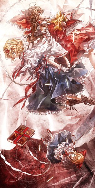 Anime picture 800x1578 with touhou hakurei reimu alice margatroid shanghai kozou long hair tall image short hair blue eyes blonde hair brown hair multiple girls brown eyes looking away ahoge traditional clothes miko back to back falling curly hair