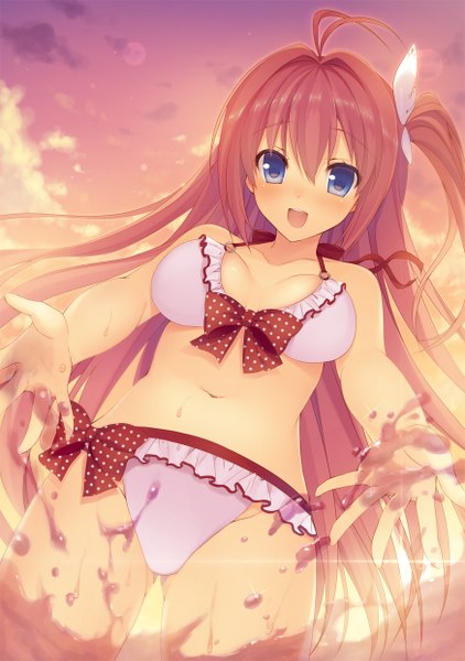 Anime picture 874x1243 with ao no kanata no four rhythm sprite (company) kurashina asuka aotsu karin single tall image looking at viewer blush fringe breasts open mouth blue eyes light erotic smile hair between eyes standing sky cleavage cloud (clouds) ahoge