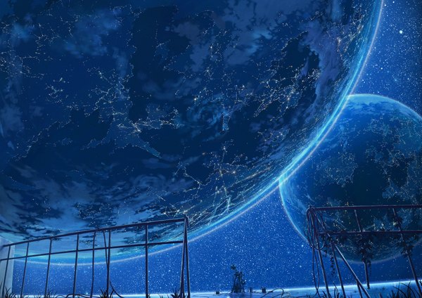 Anime picture 1889x1336 with original cola (pixiv) highres night sky no people landscape scenic space plant (plants) star (stars) wire (wires) planet earth