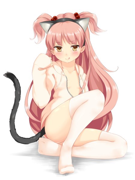 Anime picture 1200x1600 with original mikane sebiri peperoncirno single long hair tall image looking at viewer blush light erotic animal ears yellow eyes pink hair cat ears cat girl cat tail :p girl thighhighs white thighhighs