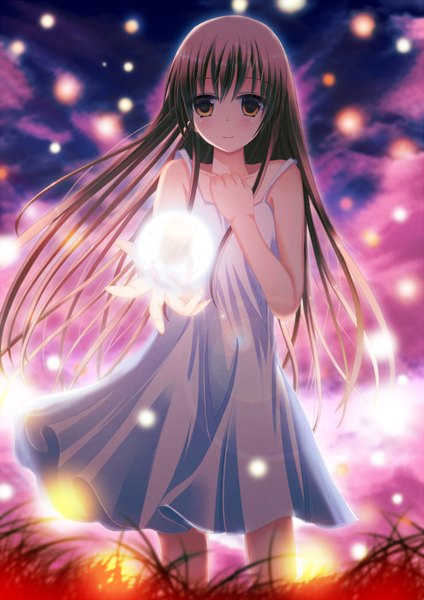 Anime picture 1157x1636 with clannad key (studio) girl from the illusionary world ichiki yuu long hair tall image blush brown hair brown eyes cloud (clouds) girl sundress