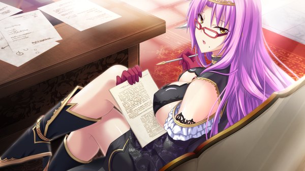 Anime picture 1280x720 with madou koukaku eushully single long hair looking at viewer breasts light erotic wide image sitting bare shoulders yellow eyes game cg purple hair crossed legs girl dress detached sleeves glasses paper
