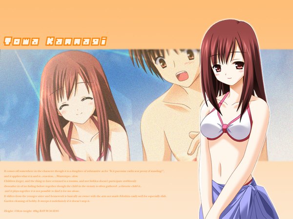 Anime picture 1024x768 with karen (purple software) purple software kannagi towa zinno long hair blush short hair open mouth smile red eyes brown hair brown eyes eyes closed wallpaper character names beach summer girl boy swimsuit