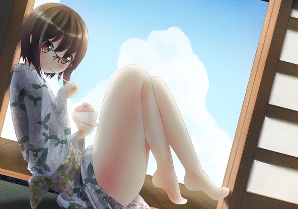 Anime picture 2976x2088 with original nekobaka single looking at viewer highres short hair black hair brown eyes cloud (clouds) japanese clothes barefoot legs girl glasses food sweets kimono ice cream