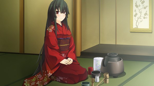 Anime picture 1280x720 with natsuiro asagao residence long hair blush black hair red eyes wide image game cg japanese clothes girl kimono obi