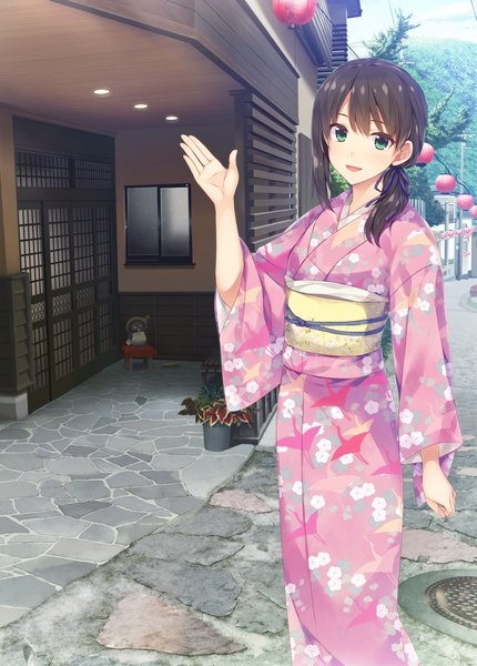 Anime picture 3031x4230 with original alpha (yukai na nakamatachi) single long hair tall image looking at viewer highres open mouth black hair standing green eyes absurdres outdoors traditional clothes japanese clothes low ponytail pointing girl kimono obi