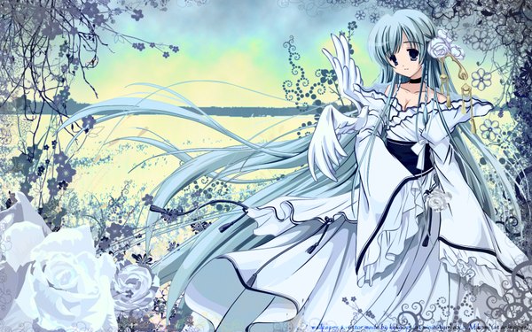 Anime picture 1680x1050 with original katase nano long hair blue eyes wide image bare shoulders blue hair hair flower light smile girl dress hair ornament flower (flowers) plant (plants) animal bird (birds) rose (roses) blue rose