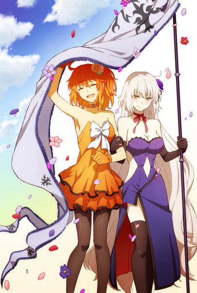 Anime picture 590x874 with fate (series) fate/grand order fate/apocrypha jeanne d'arc (fate) (all) jeanne d'arc alter (fate) fujimaru ritsuka (female) oiun (artist) tall image blush fringe short hair breasts open mouth light erotic hair between eyes large breasts multiple girls holding yellow eyes looking away