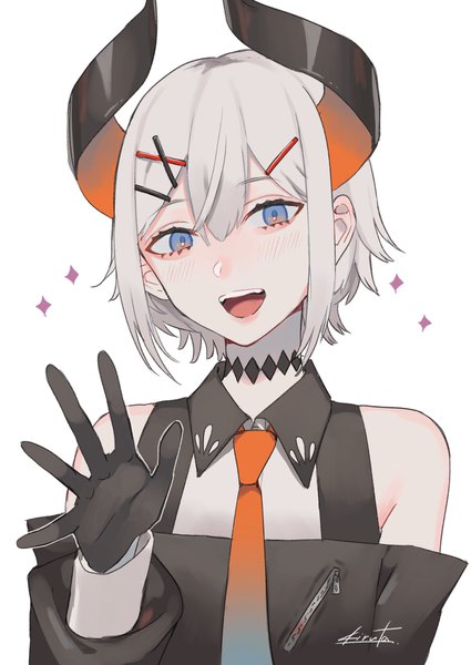Anime picture 1451x2048 with virtual youtuber nijisanji levi elipha kirudai single tall image looking at viewer fringe short hair open mouth blue eyes simple background hair between eyes white background bare shoulders signed upper body horn (horns) grey hair sparkle