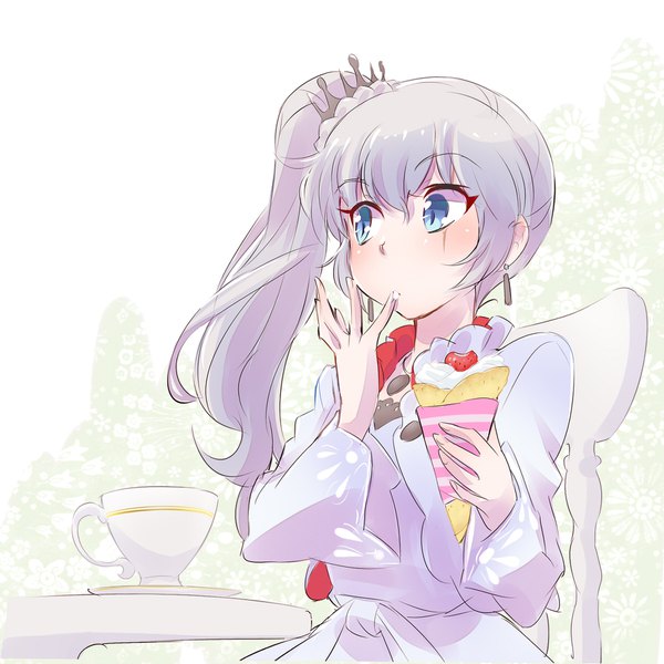 Anime-Bild 1800x1800 mit rwby rooster teeth weiss schnee iesupa single long hair highres blue eyes white background sitting looking away grey hair side ponytail scar licking finger licking girl earrings food sweets