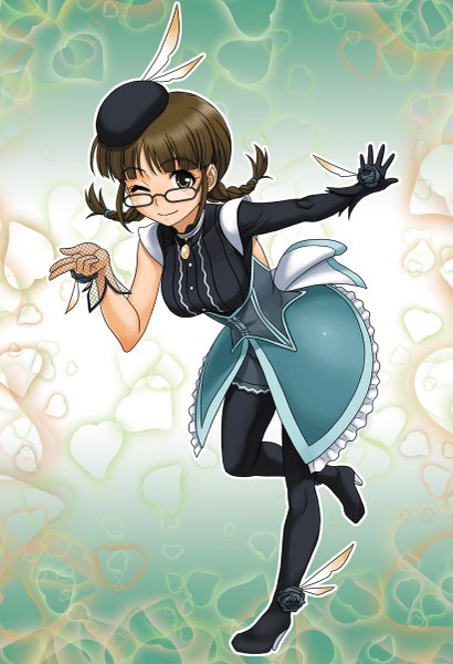 Anime picture 821x1200 with idolmaster idolmaster (classic) akizuki ritsuko hida tatsuo single long hair tall image brown hair brown eyes braid (braids) one eye closed wink girl dress gloves glasses elbow gloves beret