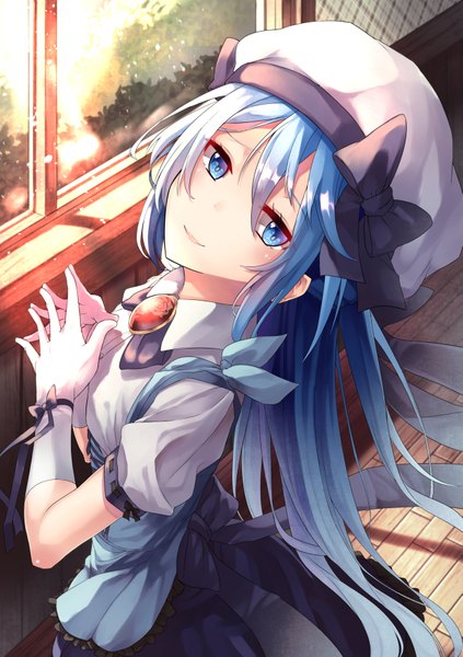 Anime picture 1239x1756 with original lee-chan (saraki) saraki single long hair tall image looking at viewer blush fringe blue eyes smile hair between eyes blue hair from above fingers together girl gloves white gloves window beret