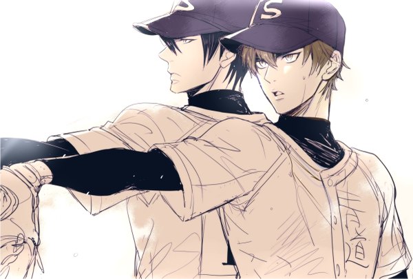 Anime picture 1200x811 with daiya no ace production i.g sawamura eijun furuya satoru enjin y fringe short hair black hair simple background hair between eyes brown hair white background looking away profile multiple boys outstretched arm back to back sketch baseball boy