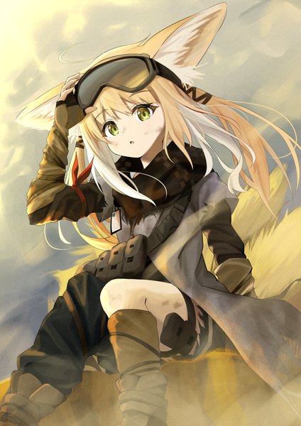 Anime picture 1158x1637 with arknights suzuran (arknights) suzuran (lostlands flowering) (arknights) syurimp single long hair tall image blonde hair sitting green eyes animal ears ahoge tail animal tail from below fox ears official alternate costume fox tail fox girl multiple tails