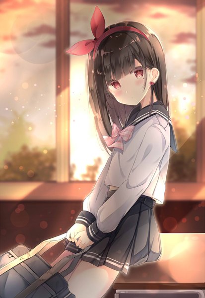 Anime picture 1515x2200 with original saeki sora single long hair tall image looking at viewer blush fringe red eyes brown hair sitting holding sky indoors long sleeves head tilt pleated skirt blurry mole depth of field