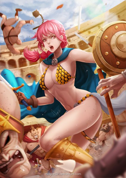 Anime picture 700x990 with one piece toei animation rebecca (one piece) magion02 long hair tall image open mouth light erotic pink hair sky cloud (clouds) braid (braids) pink eyes lips realistic multiple boys midriff sweat muscle battle