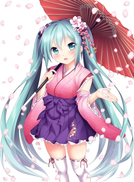 Anime picture 1500x2040 with vocaloid hatsune miku etou (cherry7) tall image looking at viewer blush twintails very long hair traditional clothes hair flower aqua eyes aqua hair girl thighhighs hair ornament petals white thighhighs umbrella