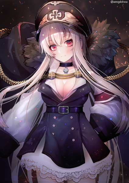 Anime picture 707x1000 with girls frontline kar98k (girls frontline) hanato (seonoaiko) single long hair tall image looking at viewer blush fringe breasts light erotic hair between eyes red eyes large breasts standing signed cleavage white hair fur trim hand on hip
