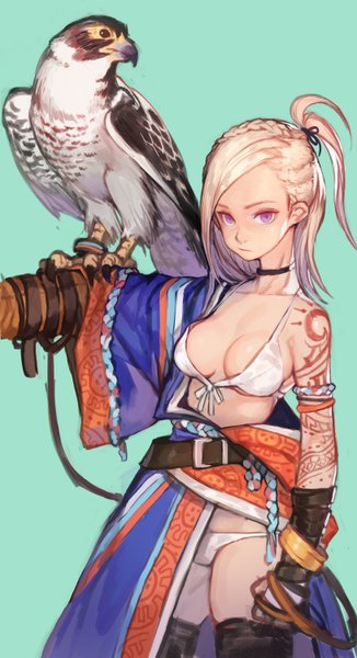 Anime picture 816x1500 with racoona single tall image looking at viewer short hair breasts light erotic simple background purple eyes grey hair tattoo eyebrows bird on hand girl swimsuit animal bikini bird (birds) eagle